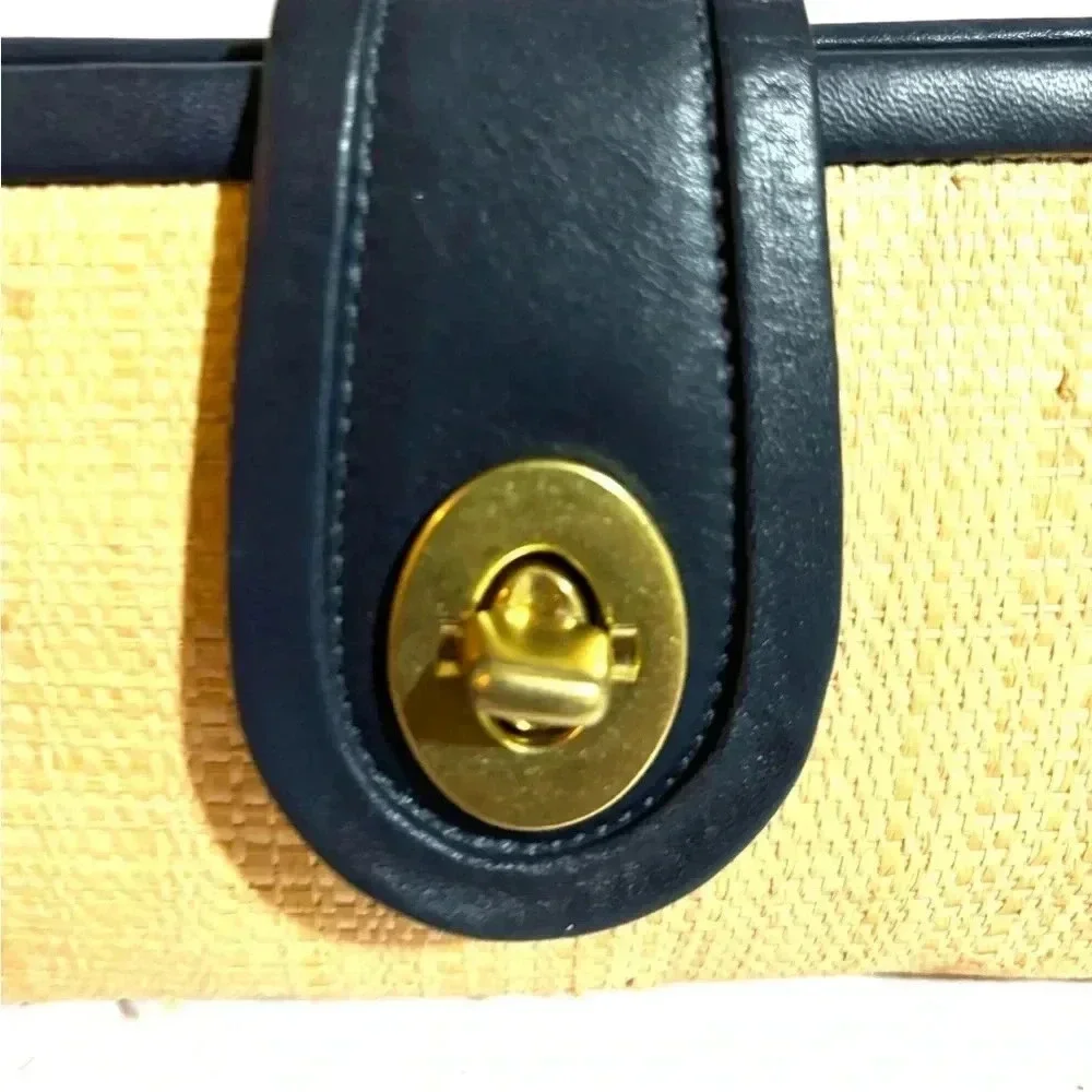 Coach beige straw & navy blue leather clutch wristlet